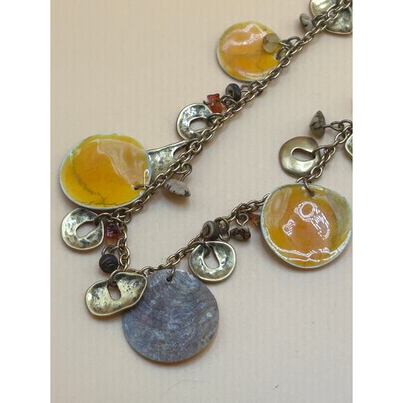 Yellow Dangle Disc Necklace and Earrings Set – 31" Boho Style Statement Jewelry - Picture 3 of 4